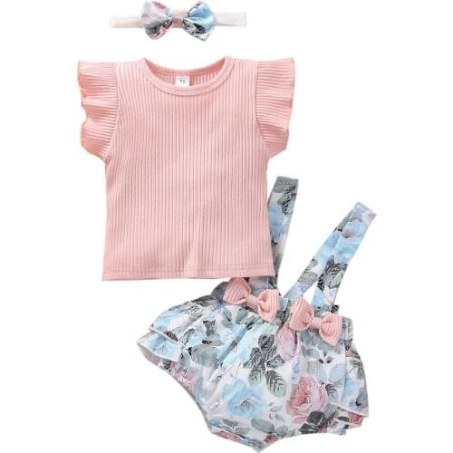 Newborn Clothing Sets Fly Sleeve Solid Color Knitted Round Neck Tops Print Suspender Shorts Bow Headband 3Pcs Baby Girl Clothes