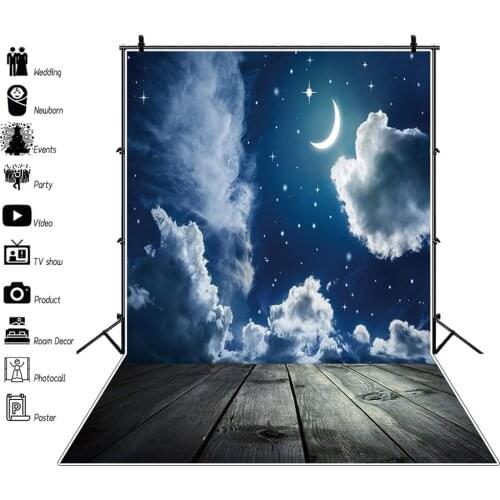 Laeacco Sky Clouds Moon Stars Wood Floor Baby Dark Night Scenic Photographic Backdrops Photography Background For Photo Studio