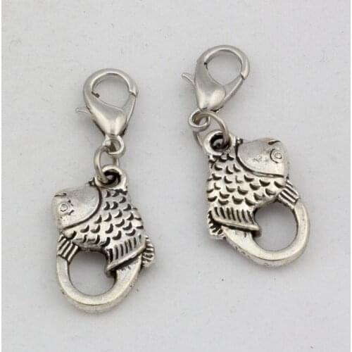 Hot ! 12pcs Zinc Alloy Fish Charms Dangle Bead with Lobster clasp Fit Charm Bracelet 11x33mm DIY Jewelry (nm502)