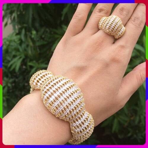 ModemAngel Fashion Luxury Super Boom Flowers AAA Cubic Zirconia Women Party Engagement Width Bracelet Bangle And Ring Set