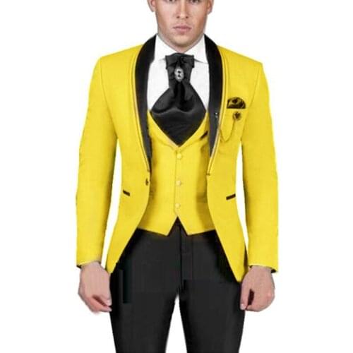 Yellow Men Suits Shawl Lapel Costume Homme Groom Tuxedos 2021 Terno Masculino Wedding Bridegroom 3 Pieces ( Jacket+Pants+Vest)