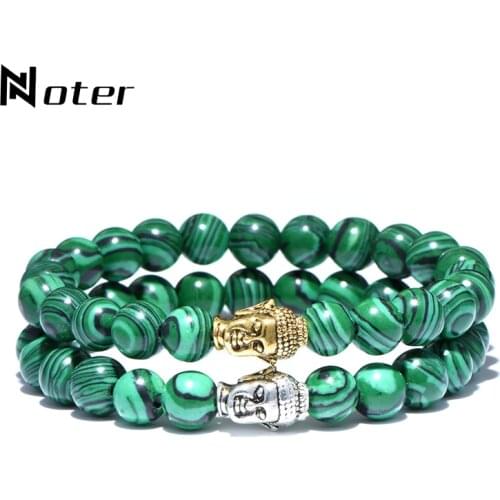 Noter Green Natural Stone Malachite Beads Bracelet Antique Buddha Elastic Braclet For Men Women Buddhism Meditation Hand Jewelry