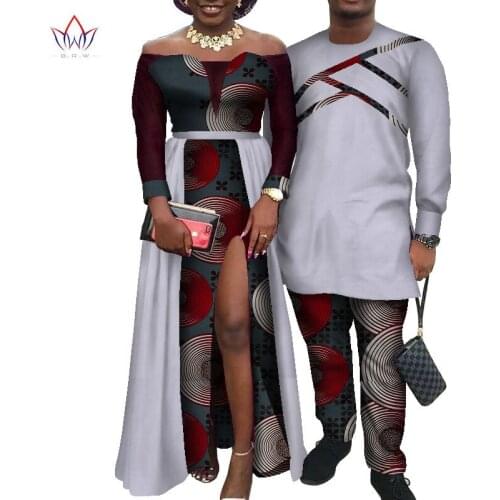 BintaRealWax Africa Style Couples Clothing Bazin Long Women Slit Dress & Mens Sets Dashiki Plus Size Wedding Clothing WYQ573