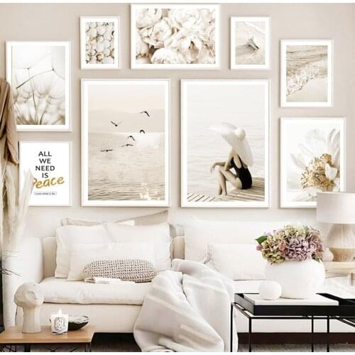 Beige Beach Shell Floral Birds Dandelion Wall Art Canvas Painting Nordic Posters And Prints Wall Pictures For Living Room Decor
