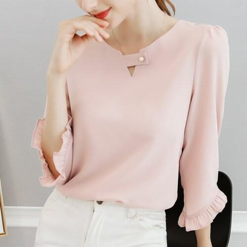 New Spring And Summer 2020 Women Ruffles Sleeved Chiffon Blouse Pearl Korean Fashion Solid Slim Female Lady Shirts Tops 0.11 8.9