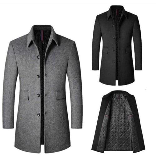 Autumn Winter Men Woolen Coat Male Mid-Length Lapel Collar Woolen Trench Mens Thick Warm Outwear