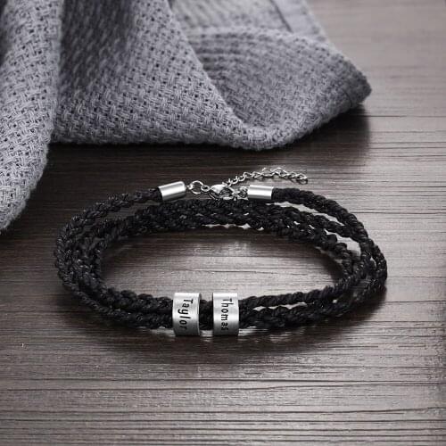 Personalized Braided Rope Bracelet with Engraved Stainless Steel Beads Charm Custom Name Bracelets & Bangles Men Jewelry