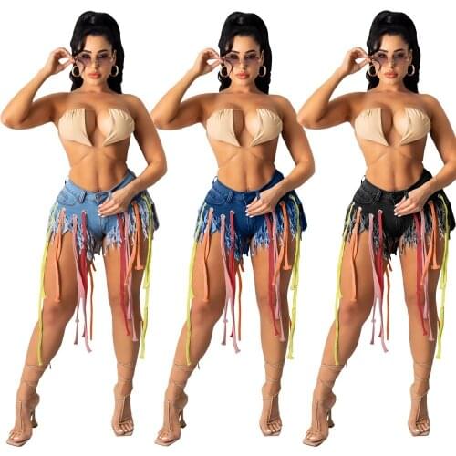 Sexy Denim Shorts with Strings All over Women Summer Jeans Tassels Eyelet Streetwear 2021 (14pcs Available Ribbons 7 Colors)