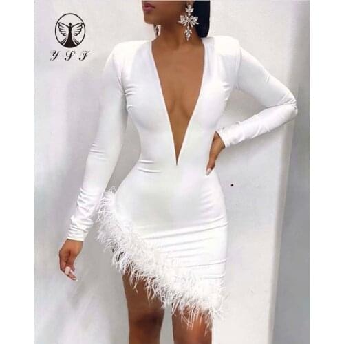 Sexy Robes De Cocktail Illusion O Neck Deep V Long Sleeve Mini Length Short Feather Cocktail Dresses