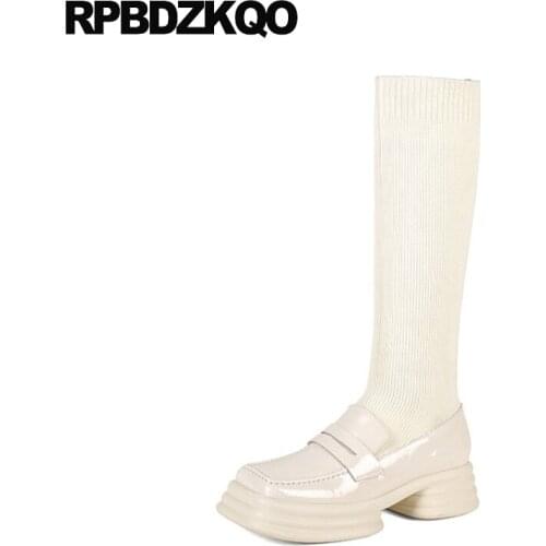 Long Square Toe White Platform Boots Tall High Heel Shoes Beige Knit Chinese Sock Designer Knee Slim Black Women Stretch Chunky