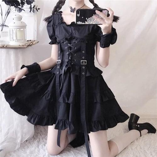 Japanese Women Black Gothic Lolita Dress Victorian Renaissance Puff Sleeve Bandage Mini Dress Vintage Punk Style Girl Dresses