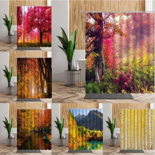 Autumn Forest Shower Tree Fallen Leaves Natural Landscape Bath Curtains Decoration Modern Scenery Waterproof Home Bathroom Decor