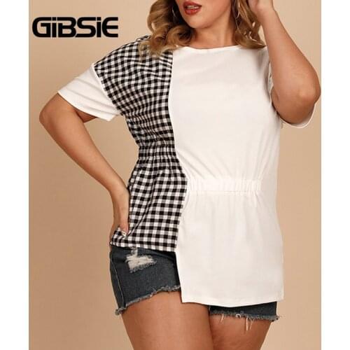 GIBSIE Plus Size Plaid Colorblock Irregular Hem Women T-Shirts O-Neck Short Sleeve Casual Summer Tshirt Tops Tee Female Clothing