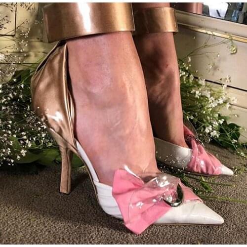 Moraima Snc Summer Mixed Colors Leather High Heel Shoes Woman Pointed Toe Bowknot Ankle Strap Sandals Crystal Wedding Heels