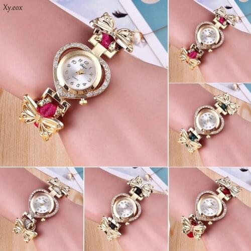 Womens Lady Crystal Rhinestone Butterfly Heart Bracelet Quartz Wrist Watch