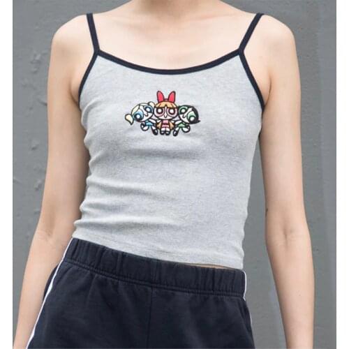 Women Embroidery Cartoon Girls Camisole In Gray Summer Cami Top