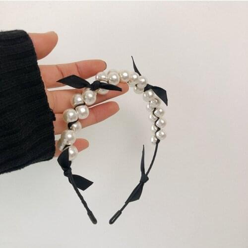 Minar Fashion Simulation Pearl Black Color Bowknot Hairband Elegant Wide Hairwear for Women Girl Hair Accessories Birthday Gift