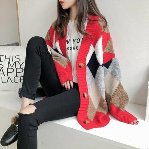 WYBLZ Womens Knitted Sweaters 2021 Autumn Korean Elegant V-Neck Sweater Fashion Casual Oversize Plaid Knitted Cardigan Women