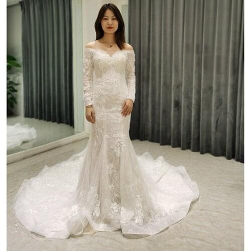 AmL 8353 wedding dress Bride white Party modest romantic open shoulders ball gown Luxury corset mermaid long sleeve Strapless