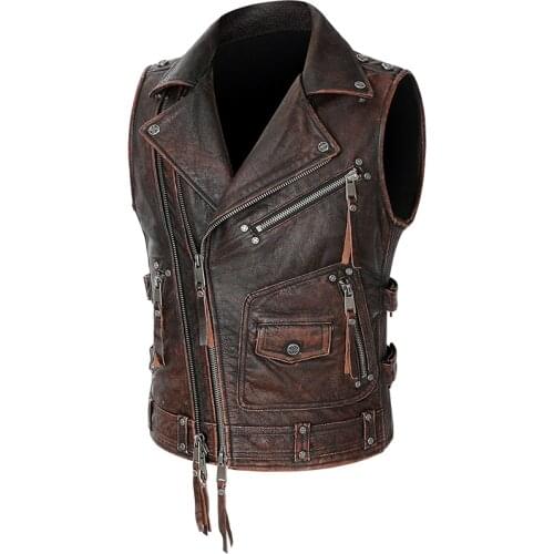 2021 Mens Genuine Leather Motorcycle Vest Vintage Brown Mens Slim Fit 100% Real Cowhide Leather Bikers Vest Sleeveless Jacket