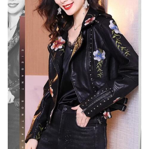 2021 Fashion Women Vintage Floral Embroidery Rivet Faux Leather Jackets Ladies PU Motor Black Voilet Beige Punk Streetwear Coats