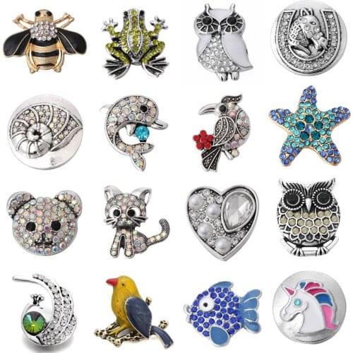 6pcs/lot DIY Crystal Animal Cat Dolphin Fish Owl Bee Bear Snap Buttons Jewelry Fit 18mm Metal Snap Button Jewelry DIY Bracelet