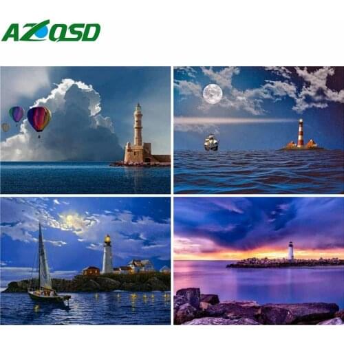 AZQSD 5D Diamond Embroidery Seaside Lighthouse Mosaic Rhinestones Diamond Painting Landscape Cross Stitch Handicraft Home Decor
