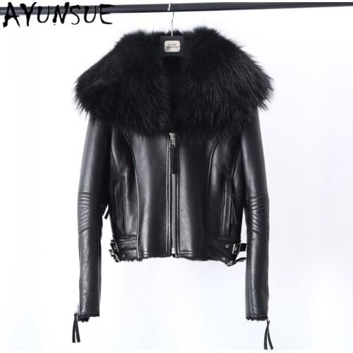 AYUNSUE Womens Fur Coat Real Sheep Shearling Autumn Winter Clothes Women Short Female Jacket Fox Fur Collar 2020 Femme Veste 70