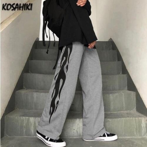 KOSAHIKI Harajuku Flame Print Fashion Japanese Hip Hop Wide Leg Pants Women Men Casual Streetwear Elastic Waist Jogger Pants