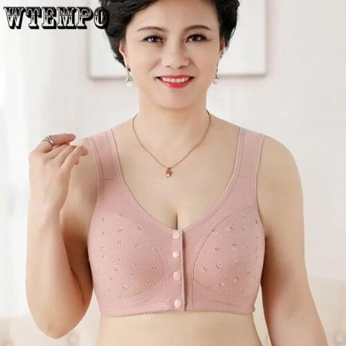 Women Plus Size Cotton Bras Underwear Wide Straps Front Closure Gathered Push Up Bra Thin Soft Breathable Wireless Bralette 46 C