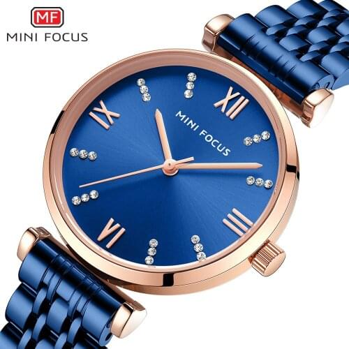 MINIFOCUS Women Watches Blue Stainless Steel Strap Fashion Dress Ladies Quartz Watch Elegant Simple Watch Woman Analog Clock
