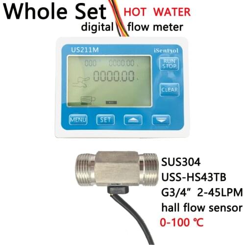 HOT Water US211M Digital Flow Meter Totalizer with SUS304 Flow Sensor USS-HS43TB G3/4" Hall Flow Sensor 2-45LPM iSentrol