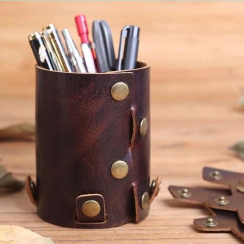Handmade Genuine Leather Desk Stationery Organizer Cylindy Detachable Pen Holder Pen Case for Office Accessories House Supplies