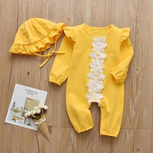 Infant Baby Girls Casual Clothes Set Solid Color Long Sleeve Lace Trim Newborn Romper and Hat Baby Toddler Combination Outfits