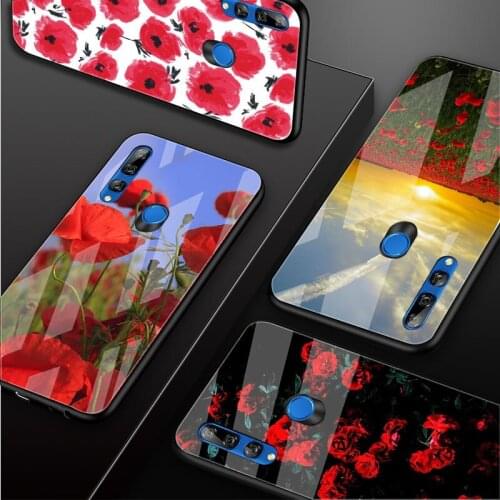 Red Poppies Tempered Glass Phone Case For Huawei honor 8X 9 10i 20i 20Lite 20Pro 30 Pro Cover Shell