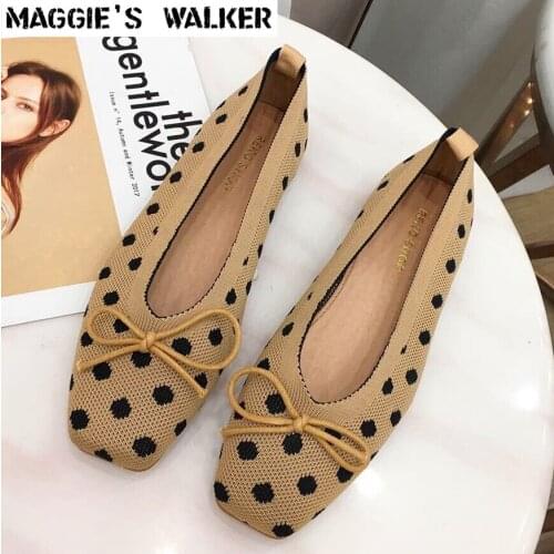 Maggies Walker Women Mesh Casual Shoes Fashion Knitted Cloth Squared-toe Flats Spring Woven Breathable Shoes Size 35~39
