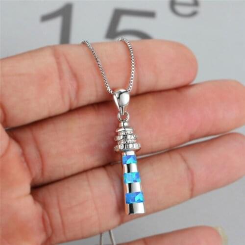 Fashion Pagoda Dainty Tower Necklace Geometric White Blue Opal Pendant Necklace Rose Gold Silver Color Chain Necklaces For Women