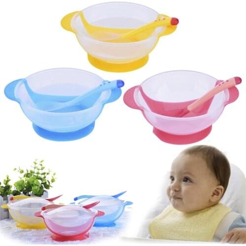 Baby Learning Dishes Sucker Bowl Spoon Set Anti-Slip Children Feeding Training Dishes Pink Blue Yellow