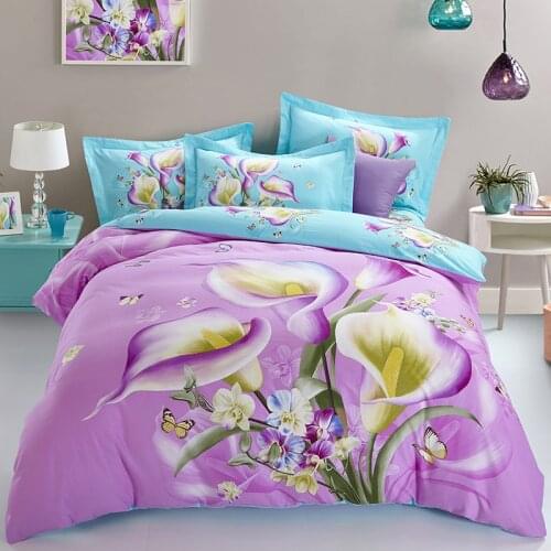 Sanding 100% Cotton Printed Flower Bedding Set Wedding Bed Sheet set Duvet Cover Pillowcase Queen King 4pcs purple calla lily