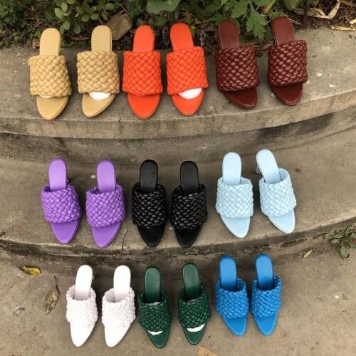 Summer Thick Leather Straps Braided Slipper Thin high Heel Slip on Peep toe Female Roman Style Sandals Outfit Dress Shoes