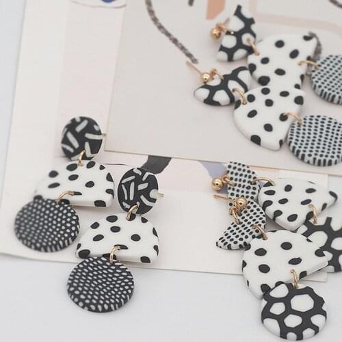 Black white Dots Fun Cute Pop Polymer Clay Abstract Pattern Geometric Dangle All Season Statement Earring For Women Jewelry