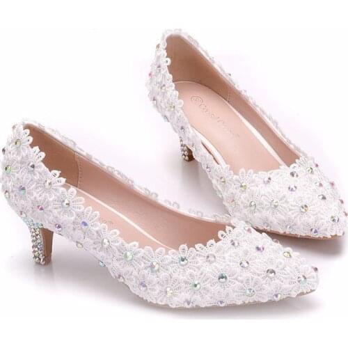 Wonen Pumps Fashion Office Shoes Lace Rhinestone Pointed Toe Thin Heels 5CM High Heels Womens Wedding Shoes