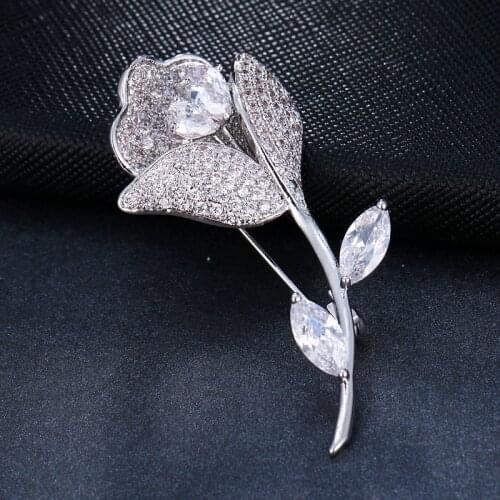 Emmaya Rose Flower White gold/Rose Gold Cubic Zircon Brooch for Women Wedding