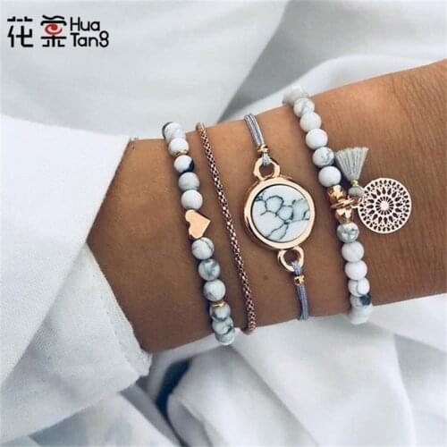 HuaTang Boho Rhinestone Tassel Beaded Bracelets for Women Geometric Heart Adjustable Charm Bracelets Bangle Set Jewelry 6905