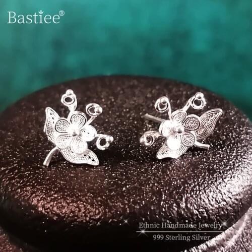 Flower 999 Sterling Silver Small Stud Earrings For Women 2020 Earring Luxury Jewelry Handmade Ethnic Miao Silver Ear Tips Studs