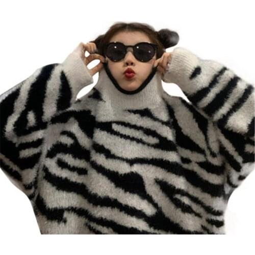 Zebra Pattern Imitation Mink Womens Sweaters 2020 New Autumn Winter Female Knitted Bottoming Long Sleeve Lady Trendy Pullover
