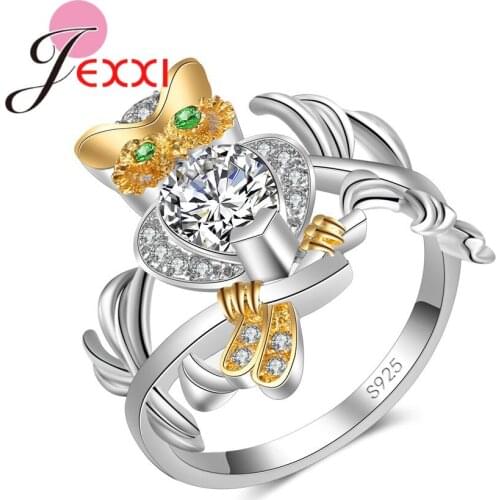 Sweet Romantic Style Cute Animal Owl Green CrystalClear For Woman Girls Banquet Accessories 925 Sterling Silver Rings