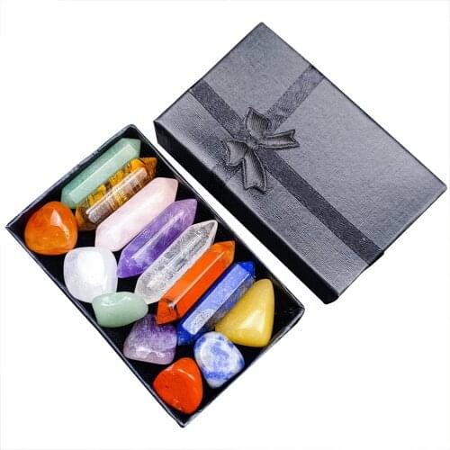 14PCS/set Reiki Natural Stone Crystal Point Wand Chakras Rock Yoga Energy Healing Quartz Crystal Stone Home Decoration Gifts Box