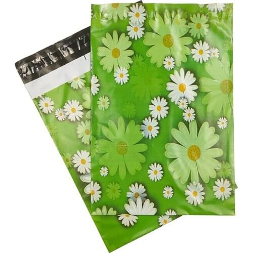 25.5x37cm Daisy Poly Mailer Self Adhesive Post Mailing Package Envelope Green Glue Seal Postal Bag Courier Storage Bags 100Pcs