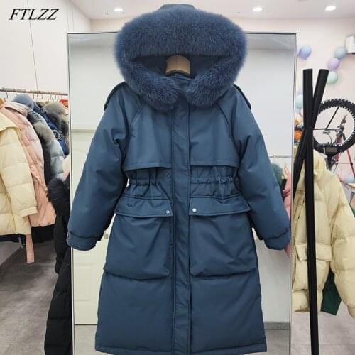 FTLZZ Winter Real Fur Hooded Jacket Casual Big Pocket Thick Parkas Jackets 90% White Duck Down Coat Warm Loose Snow Outwear